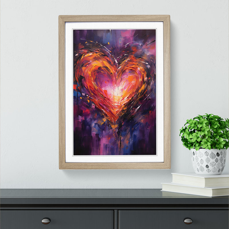 Love Heart Gestural - Single Picture Frame Print on Wood, 46cm H x 34cm W x 2cm D, Oak