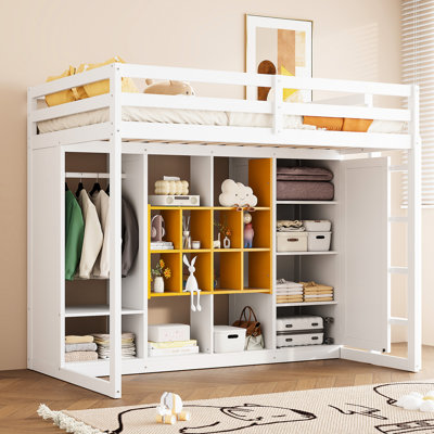 Lit simple mezzanine en bois blanc et jaune, tablettes colorées, rangement pour les essentiels, coffre-fort en bois jaune de la taille des adolescents, armoire intelligente, étagères, structure à lattes robustes, convient aux espaces restreints