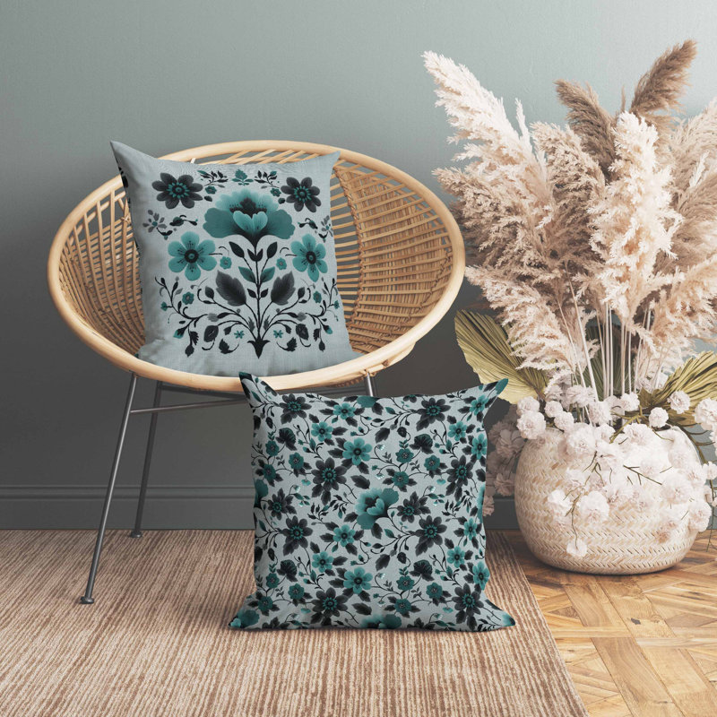 Oreiller en faux suède Rajasthan Bloom, Carré 16 po, Bleu / Vert