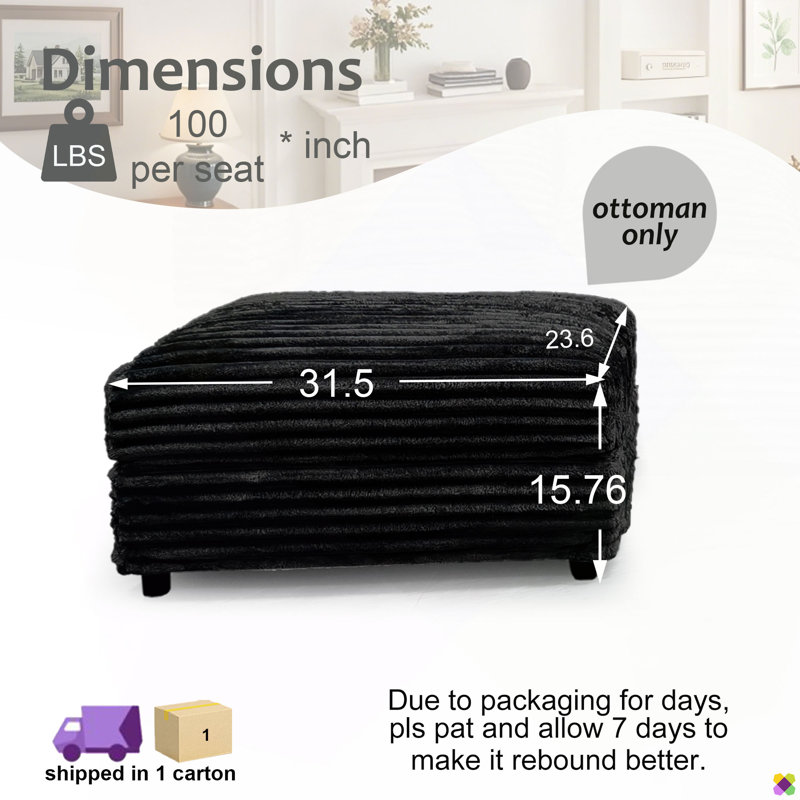 Gus 31.5"W Corduroy Ottoman, Black