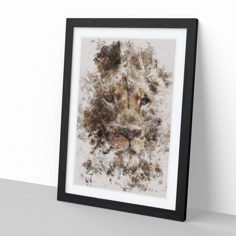 Face of a Lion Watercolour - Picture Frame Graphic Art, 48cm H x 36cm W x 2cm D, Black