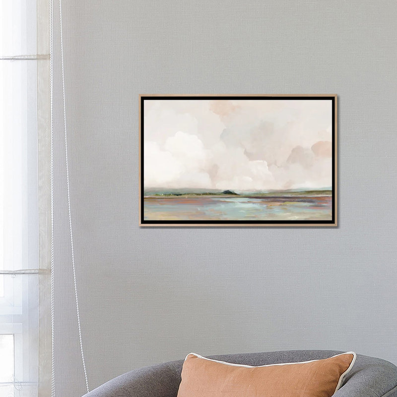 Lever de soleil rose, Toile avec cadre flottant en bois naturel, H 18 po x l 26 po x P 1,5 po, Pas de tapis