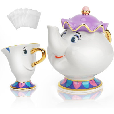 Disney Beauty and the Beast Mrs. Potts & Chip Porcelain Teapot Set – Hand-Carved Gold Trim, Food-Safe Decorative Tea Set for Gifting & Home Decor