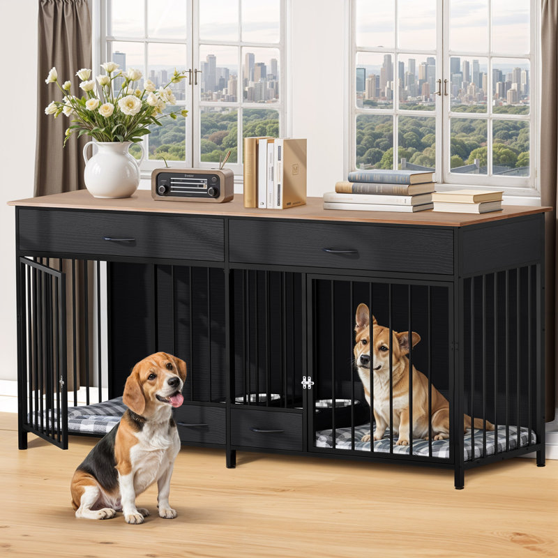 Wooden Double Dog Crate Furniture with Feeders, Black, 34" H x 74.8" W x 22" D