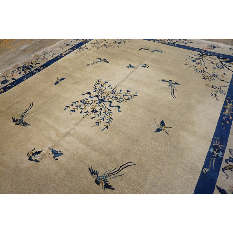 Antique Peking Chinese Floral Medallion Wool Hand Knotted Pile 1920s Rug