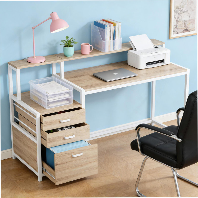 Bureau d'écriture, bureau, bureau d'ordinateur avec tiroirs, Naturel / Blanc