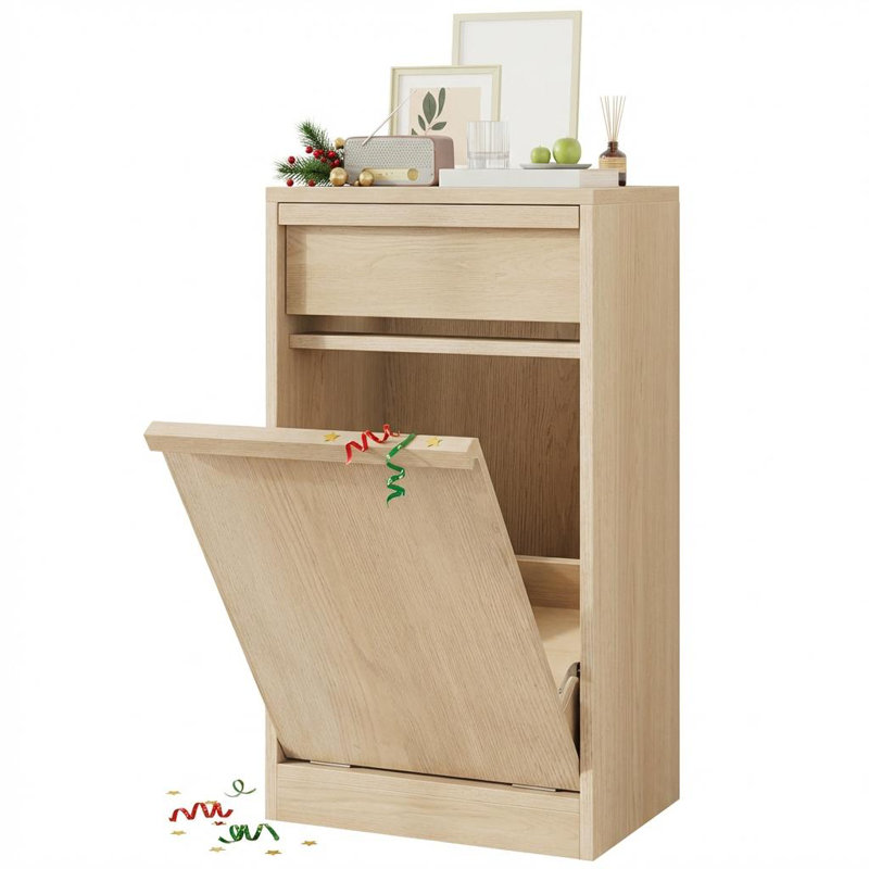 Armoire à ordures inclinable, armoire à poubelle cachée en bois naturel pour bacs de 10 gallons, armoires à déchets modernes résistantes aux animaux de compagnie pour la cuisine, la salle à manger et le rangement du salon