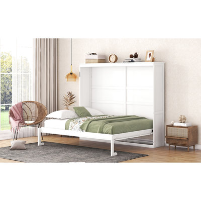 Grand lit mural blanc, option escamotable pour les petits appartements, sommeil confortable, peu encombrant et lattes de support de matelas flexibles