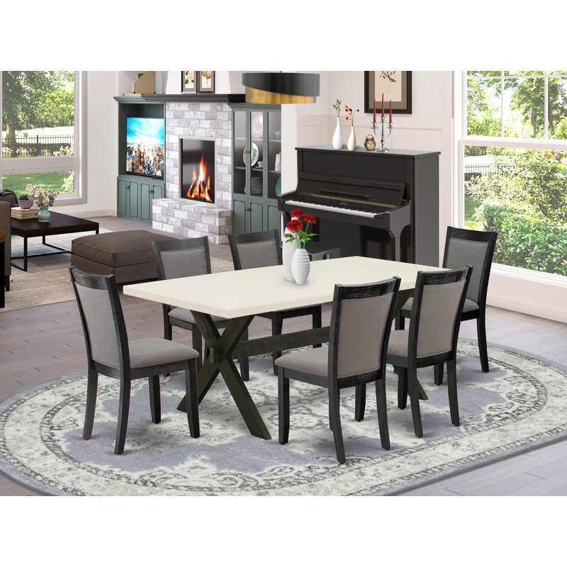 Ensemble de table de salle à manger 7 pièces composé d'une table de cuisine rectangulaire avec pieds en X et 6 chaises en tissu d'ameublement gris foncé Gotham, finition noire brossée