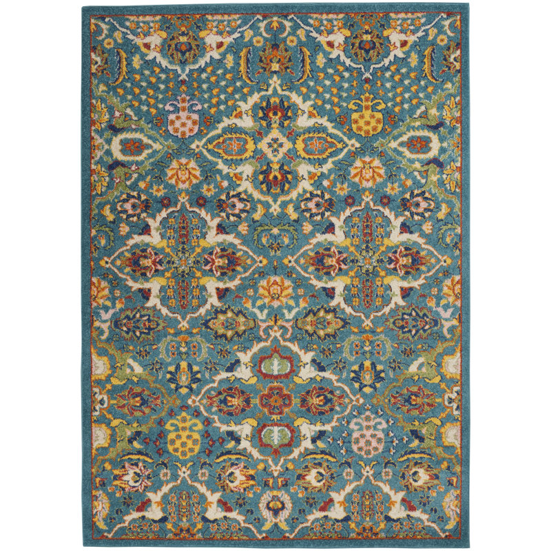 Turquoise Ivory Floral Easy-Care Synthetic 6' x 9' Area Rug