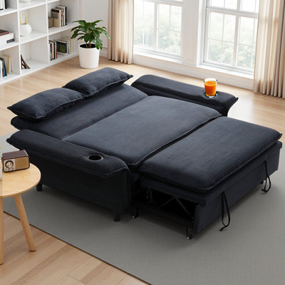 Multi-Functional 65.7" Adjustable Sofa Bed with Pull-Out Sleeper, 2 Soft Pillows and 2 Cup Holders
