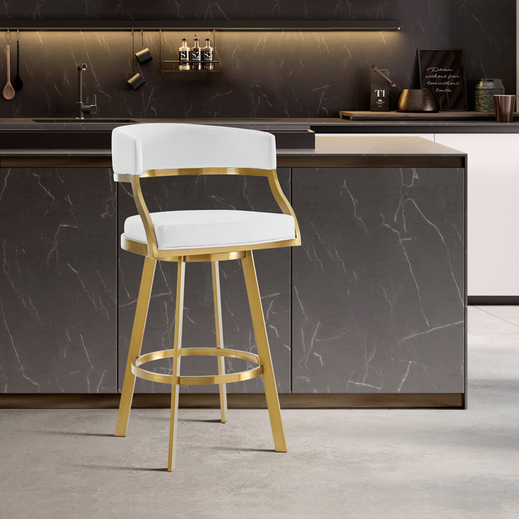 Dehn Modern Swivel Counter or Bar Height Barstool with Open Back and Footrest in Metal and Faux Leather