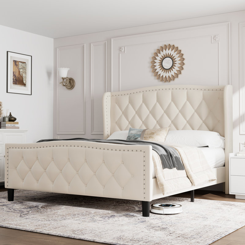 Mirabai Upholstered Metal Wingback Bed, Off White, Full