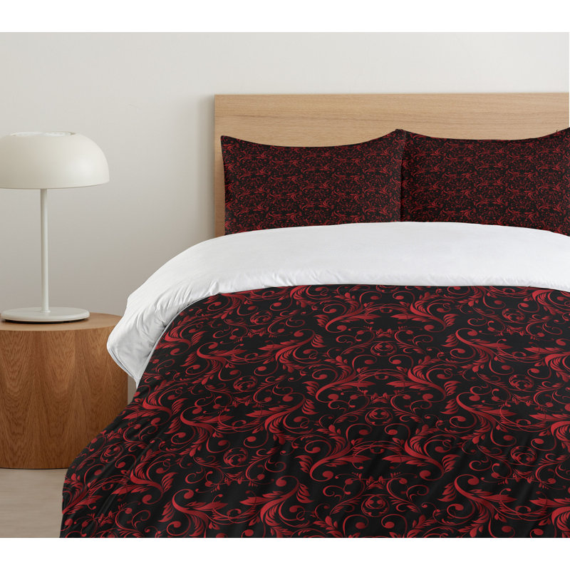 Victorian Black and Red Floral Queen Duvet Cover Set