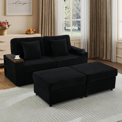 Canapé d'angle convertible en velours côtelé avec bureau pivotant à 360° pour ordinateur portable, haut-parleur Bluetooth, port USB et accoudoir de rangement - Canapé moderne pour petits espaces avec pouf pour appartement