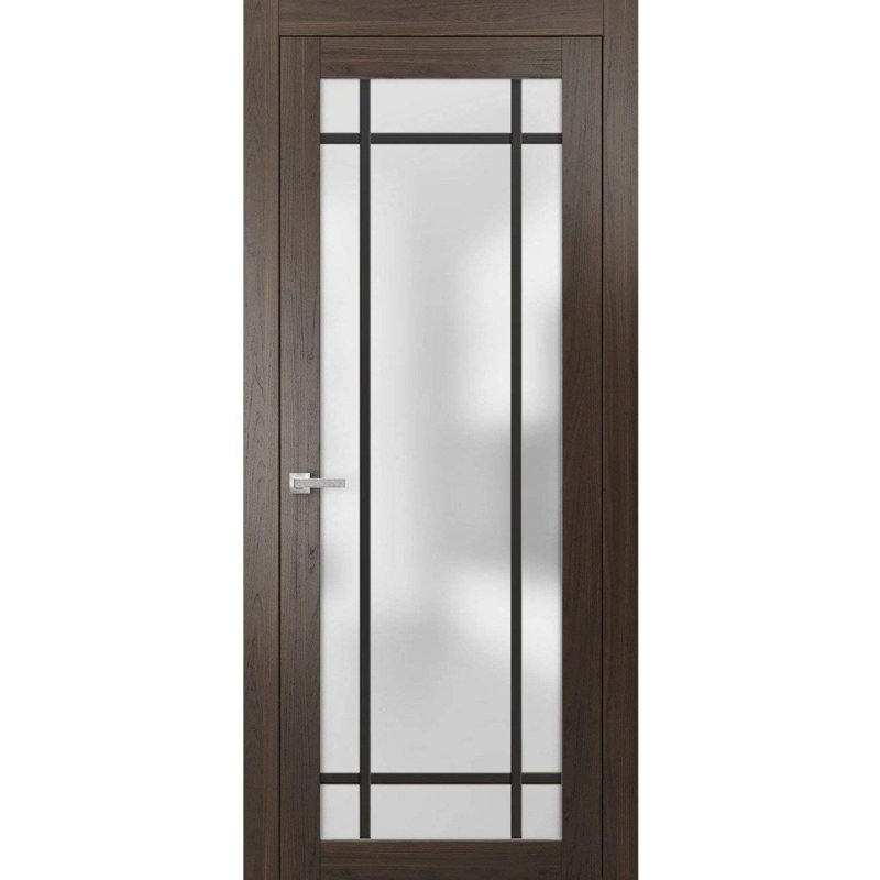 Solid French Pre-Hung Door | Planum 2112  Frosted Glass | Single Regular Panel Frame Trims Handle | Bathroom, Chocolate Ash