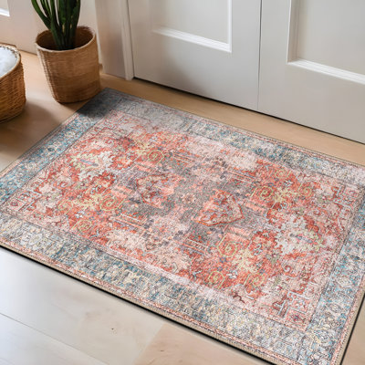 Labarbera Oriental Machine Washable Red/Blue Non-Slip Backing Area Rug