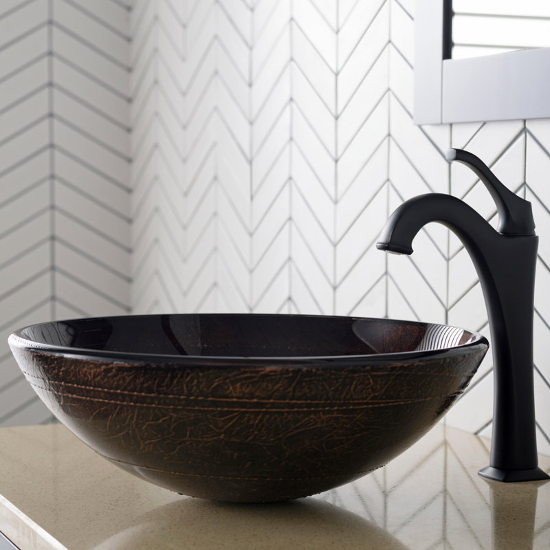 Glass Circular Vessel Bathroom Sink with Faucet, Matte Black
