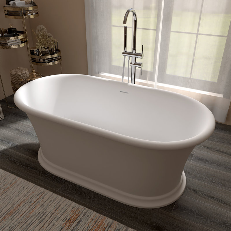 61" Solid Surface Freestanding Soaking Tub with Roman-Inspired Fluted Base, Matte White Stone Resin, Matte White