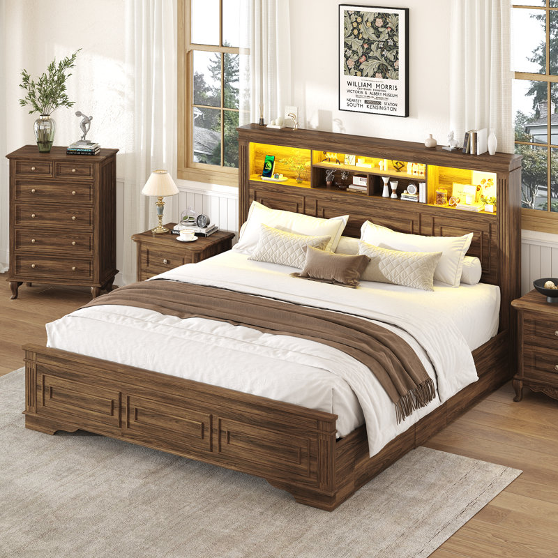 Farmhouse King Size Bed Frame With 51" Tall Storage Headboard & 4 Drawers, Wooden Bed Frame King Size with LED Light, Charging Station, No Spring Needed
