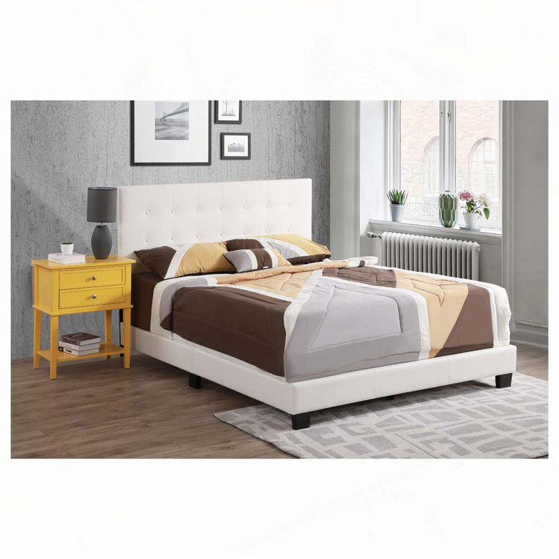 Lit rembourré en polyuréthane avec tête de lit capitonnée, élégant et confortable pour une chambre à coucher moderne, Blanc