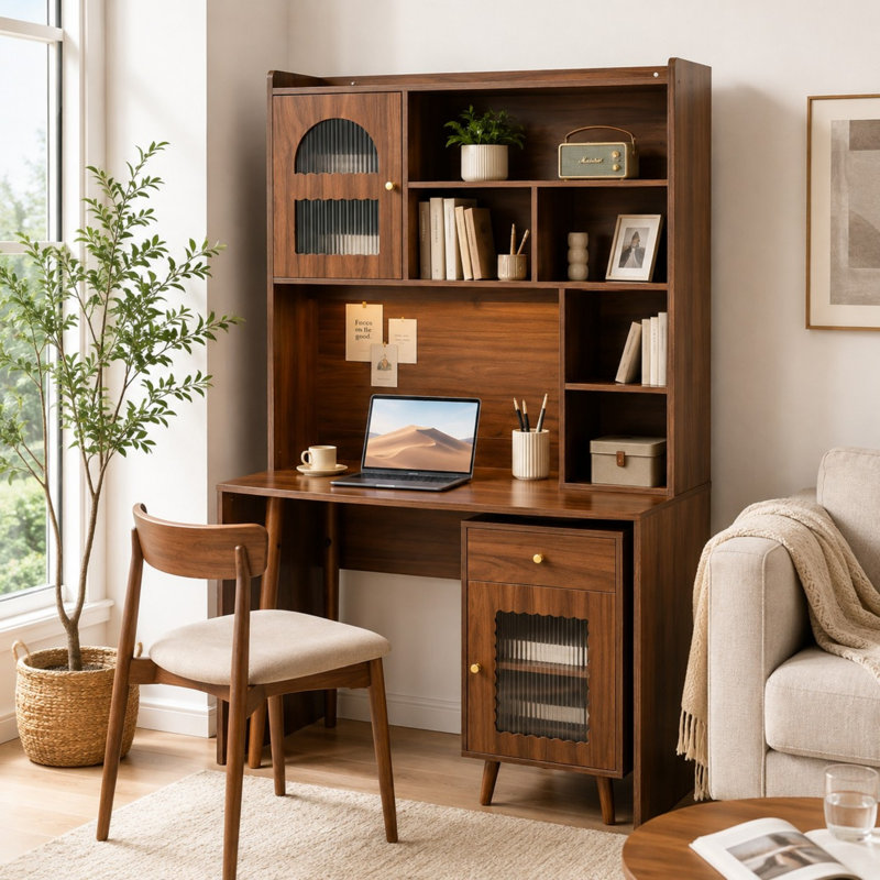 Bureau d'ordinateur rotatif 43 po x 70 po avec tiroir de rangement, armoires et tablettes pour bureau personnel, Brun