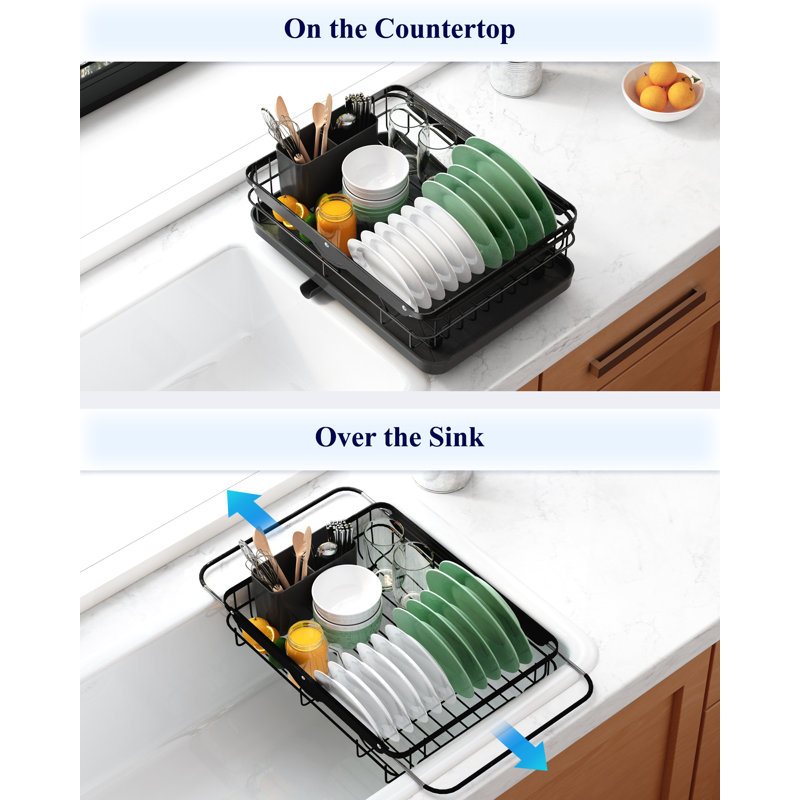 Dish Drying Rack for Kitchen Counter, Stainless Steel Sink Organization and Storage Essentials with Cutlery Holder, Home and Appartment Decor, 12.2''W x 15.7''~23''L, Black