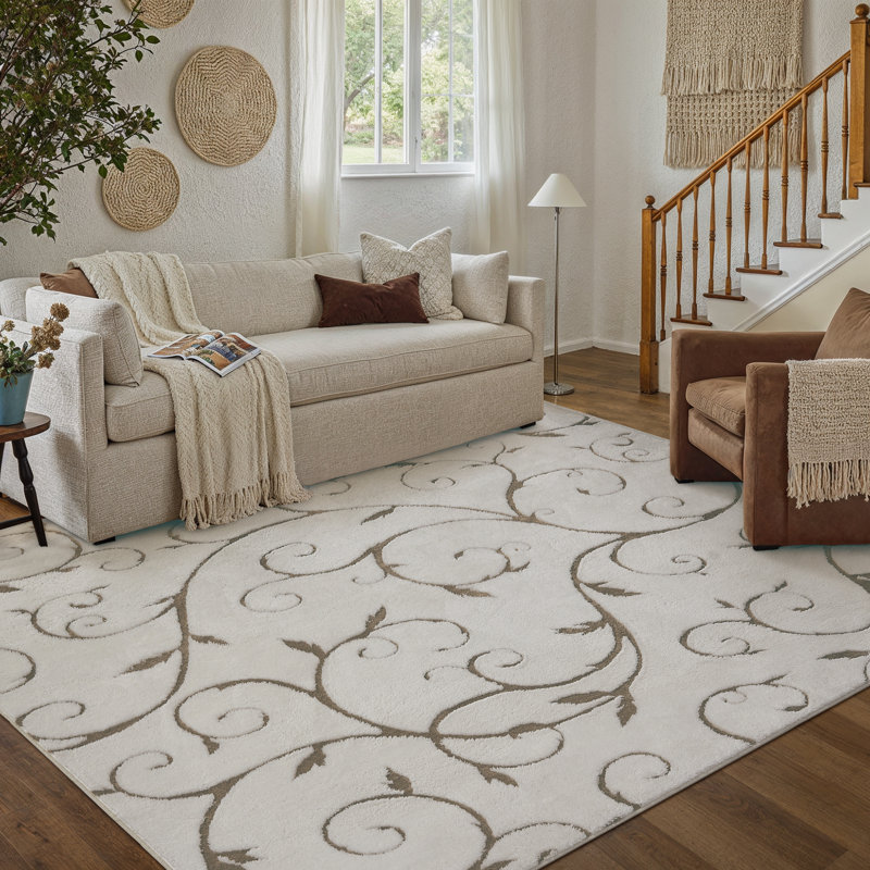 Tapis d'intérieur en velours de coton avec envers antidérapant Allover, Rectangle 5 pi x 7 pi, Blanc cassé / blanc