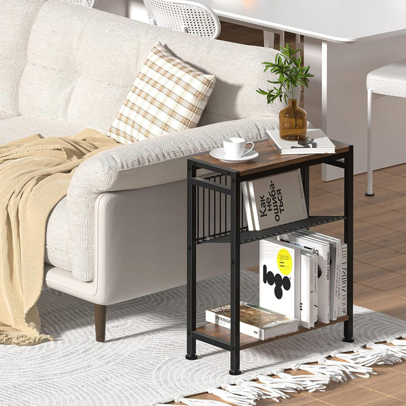 Table d'appoint pour petits espaces, design 2 en 1 avec porte-revues, brun rustique