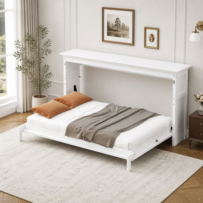 Lit escamotable gain de place avec rangement intégré, cadre en bois robuste pour un montage facile et sans sommier requis.