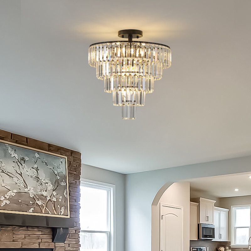 20" Large Crystal Chandelier 10 Light, Modern Luxury， Flush Mount Light Fixture, Matte Black