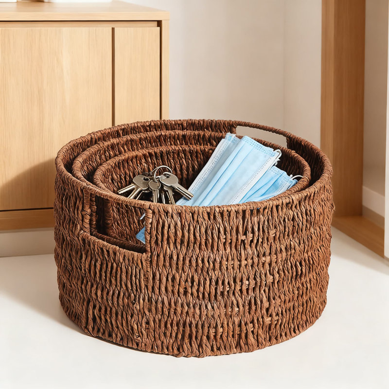 Hand-Woven Paper Rope Storage Baskets, Round Woven Organizing Baskets With Handles, Stackable Baskets For Home Organization, 3-Pack