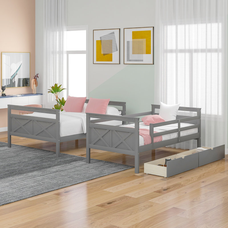 Twin over Full Bunk Bed with Ladder, 2 Storage Drawers & Safety Guardrails, Grey