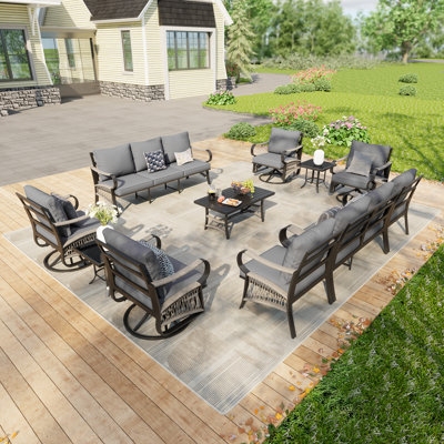 11 Pieces Modern Metal Patio Furniture Set With Coffee Table, Outdoor Modular Sectional Conversation Set With Swivel Rockers For Backyard, Grey Cushion