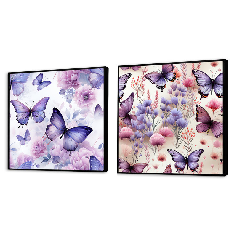 Fluttering Purple Butterflies Pattern - Animals Butterfly Square Collage Set Of 2, Black Floater Framed, 16" H x 33" W