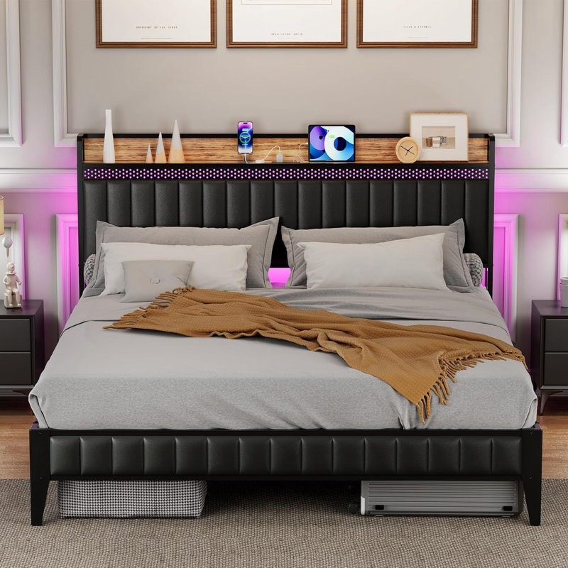 Bed Frame With LED Light And Charging Station, With Storage Headboard, Queen, Black