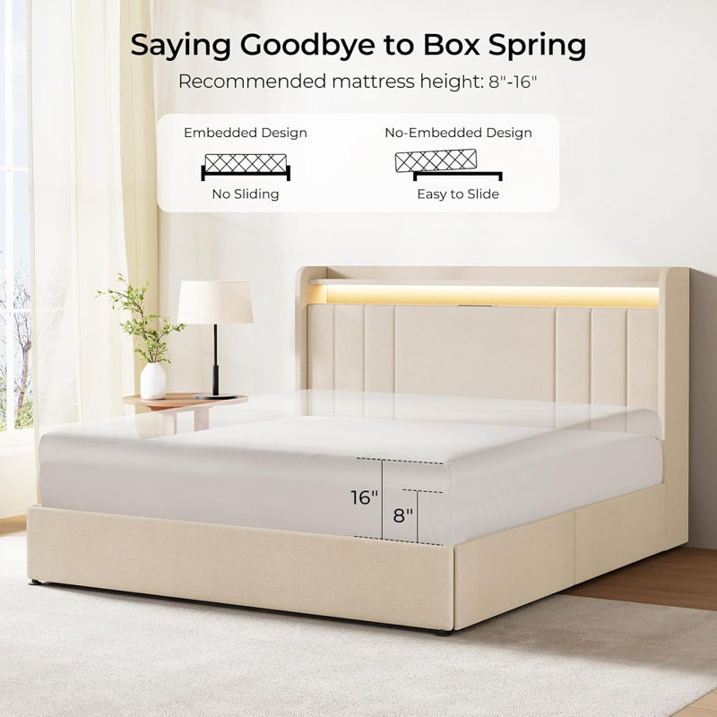 Full Beige Upholstered Bed Frame with LED Lights and Storage Drawers