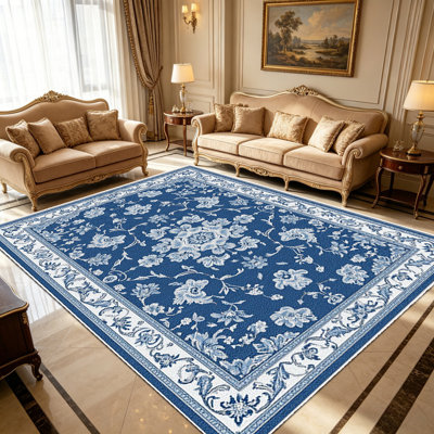 Tapis bleu et blanc (1 pièce), élégant et polyvalent, facile à nettoyer et à entretenir. Idéal pour la chambre, le salon, le corridor, l'entrée, une chambre d'étudiant ou un bureau, il apportera une touche de fraîcheur à votre intérieur.