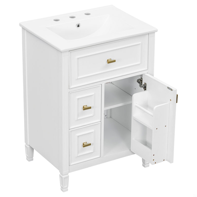 Defelice Bathroom Vanity With Sink, Bathroom Vanity Cabinet With One Flip Drawer And Two Drawers, Adjustable Shelf, White