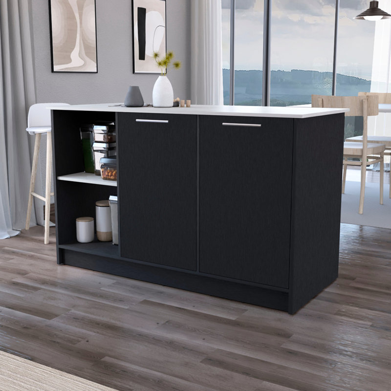 Grand îlot de cuisine rectangulaire de couleur noire qui maximise l'espace pour une utilisation optimale