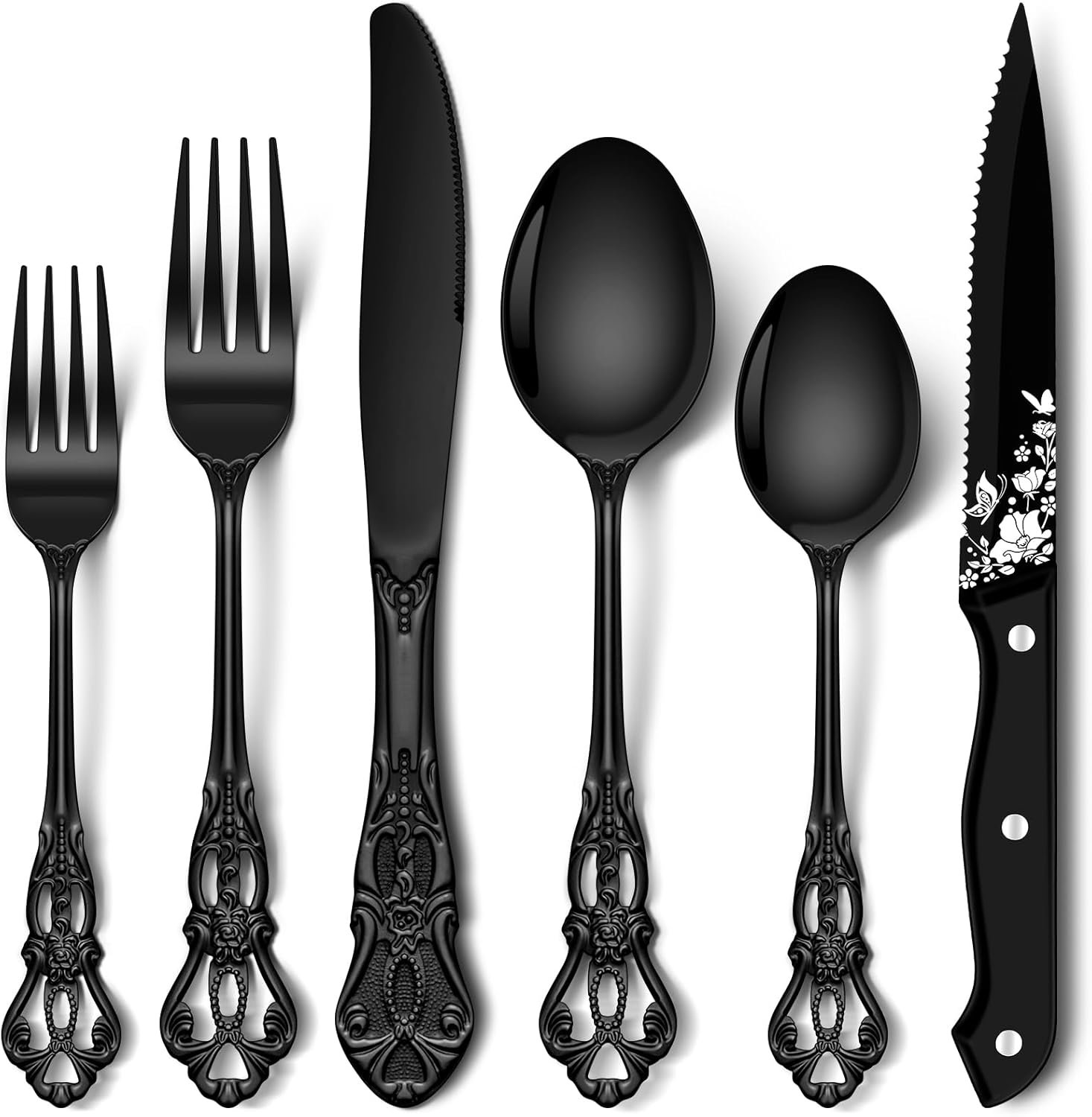 One Allium Way® 48 Pcs Black Silverware Set with Steak Knives | Wayfair