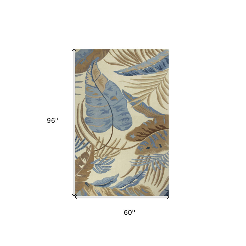 Tapis botanique tropical touffeté à la main ivoire et bleu en laine 5 pi x 8 pi
