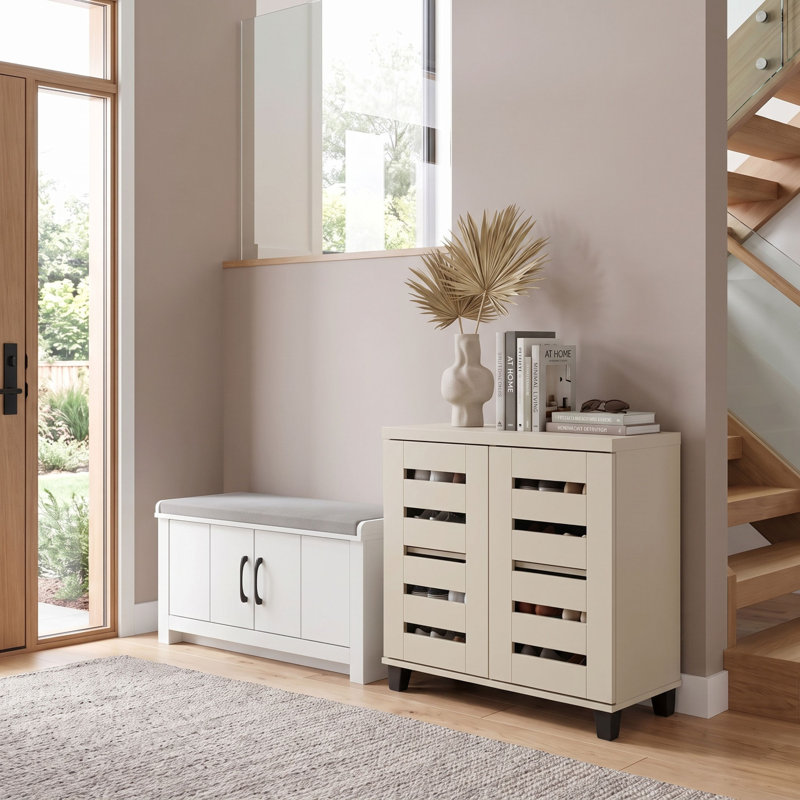2 Piece Shoe Storage Bench and Shoe Cabinet Hallway Set, Beige/White