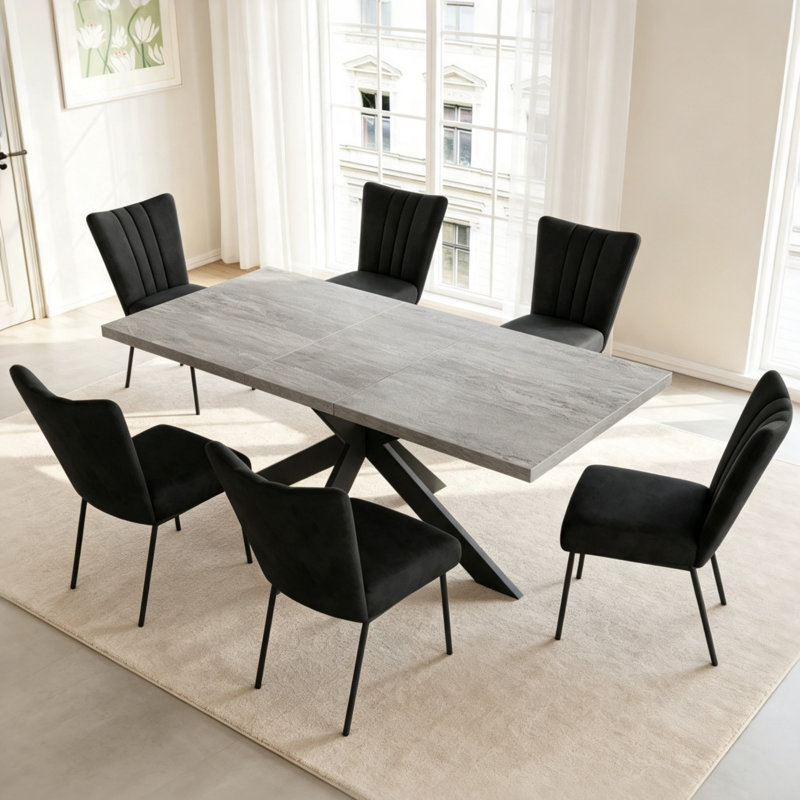 Bourke Modern Kitchen Dining Set, Extendable Dining Table With Upholstered Dining Chairs(1 Table 6 Chairs), Black