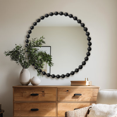 Metal-Framed Beaded Wall Mirror ,Circular Accent Mirror in Black.