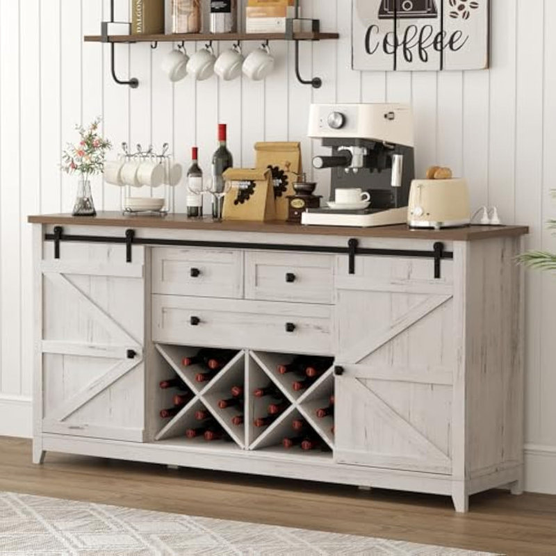 Farmhouse Sideboard With Sliding Bar Door And 2 Power Outlets/2 Usb Ports, Buffet Cabinet, Wine Racks, 3 Extra Drawers And 2 Storage Cabinets With Adjustable Shelf For Dining, Rustic White
