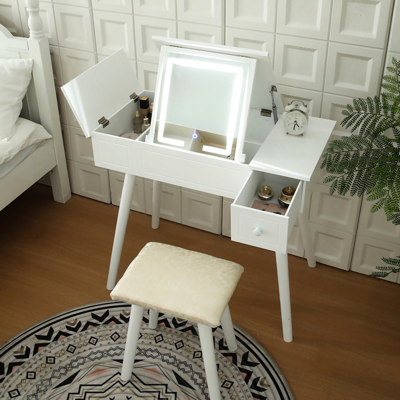 Bureau de meuble-lavabo à DEL avec tiroirs et armoire en bois blanc laiteux, table de maquillage pour la chambre à coucher et la salle de bain, 3 choix d'éclairage, couvercle robuste à structure robuste