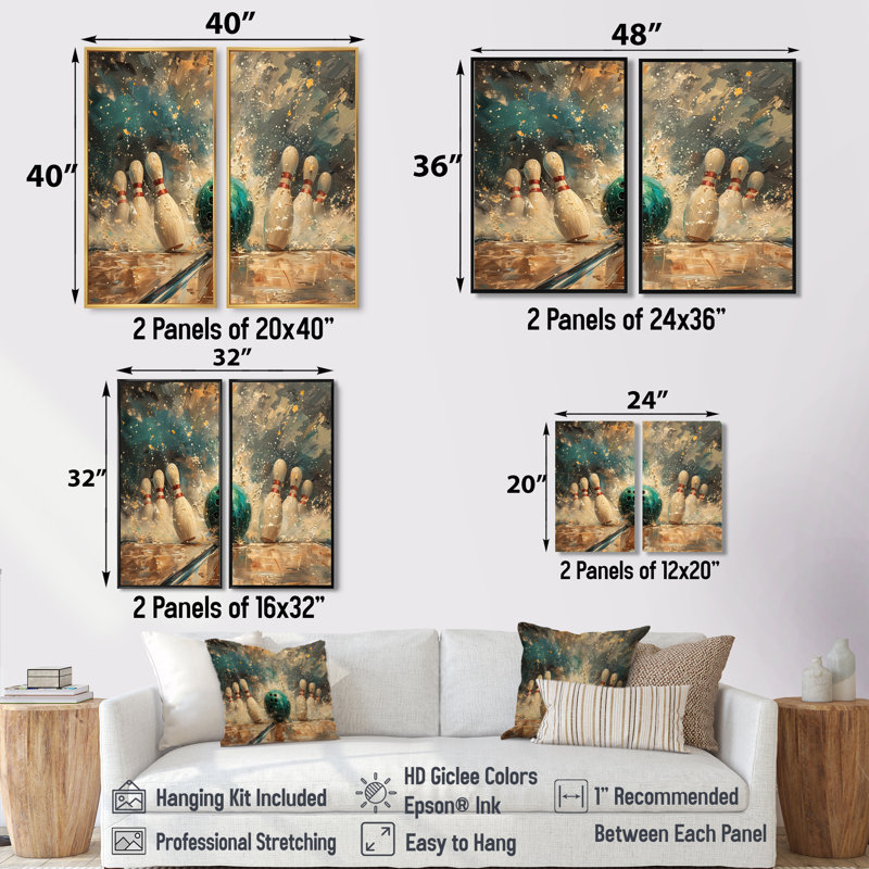 Green Bowling Ball Full Strike I - Art mural moderne sur toile 2 pièces, 32" H x 32" W, Impression encadrée flottante, Black