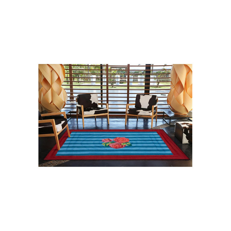 Central Blue Rose Pattern Multicolor Woven Base Machine Washable Rug, Rectangle 2'4" x 3'11" Rug Pad Included