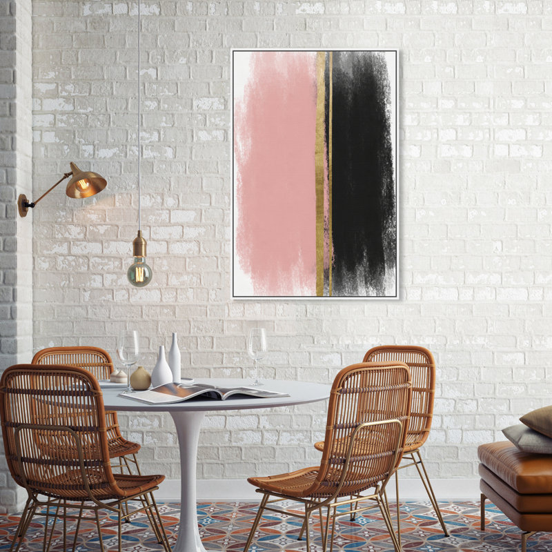 «Blush Around», rose doré, coups de pinceau, rose glamour - peinture sur toile, H 37 po x l 25 po, Cadre blanc